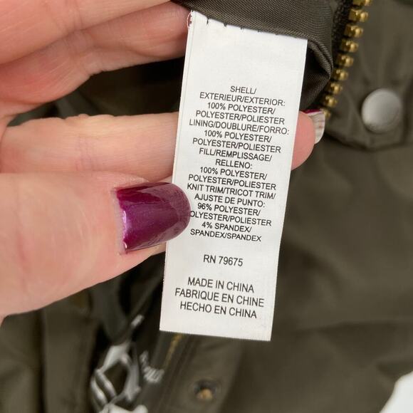 Lucky Brand Puffer Jacket Size L Parka Coat Quilted Fingertip Army Green Hooded - Picture 12 of 14